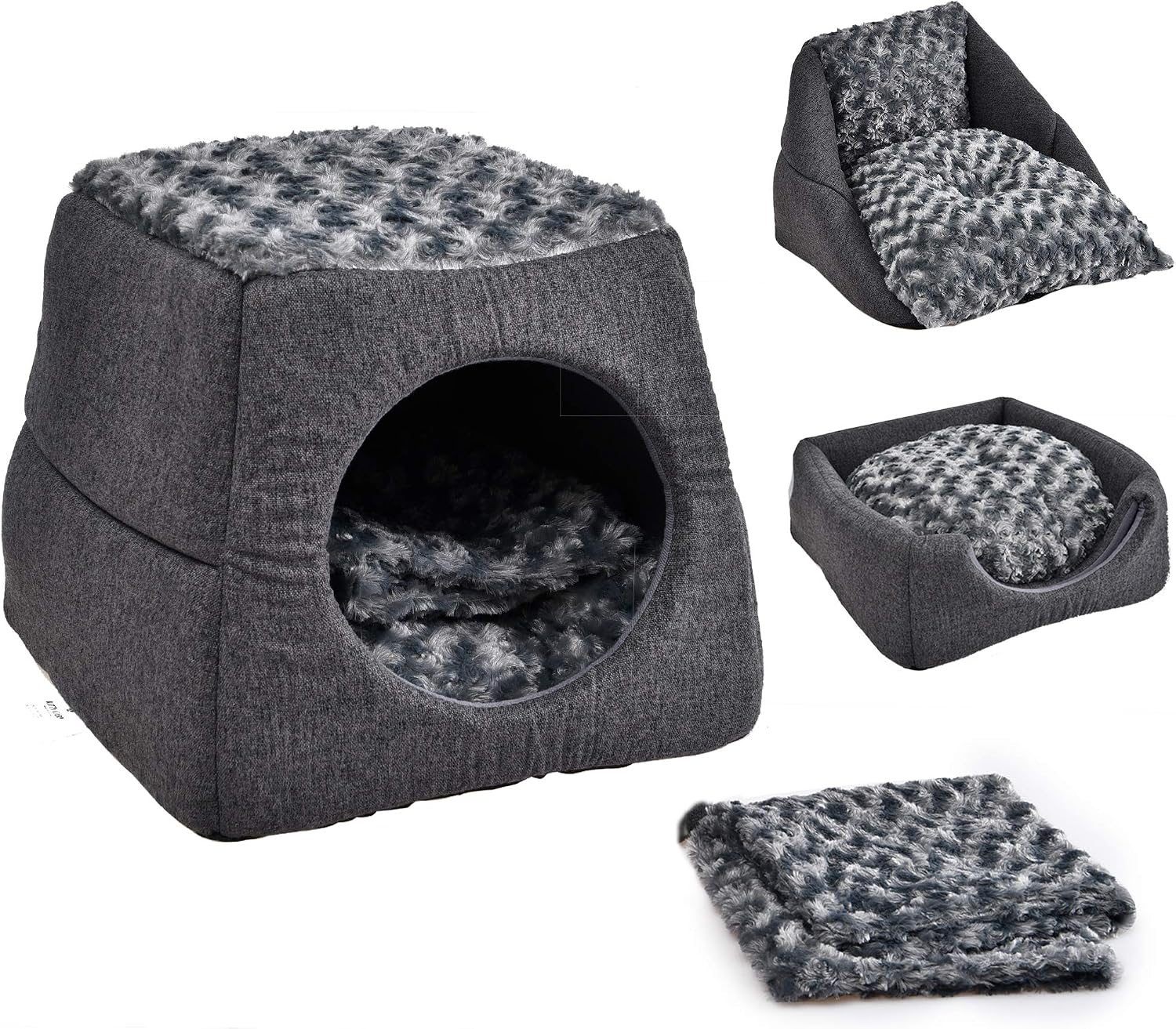 Luxury Cat Bed by ICONYC for Cats/Kittens/Small Dogs | 3-in-1 Pet Bed/Cave Bed with Removable Cushion and Fleece Blanket | Foldable…