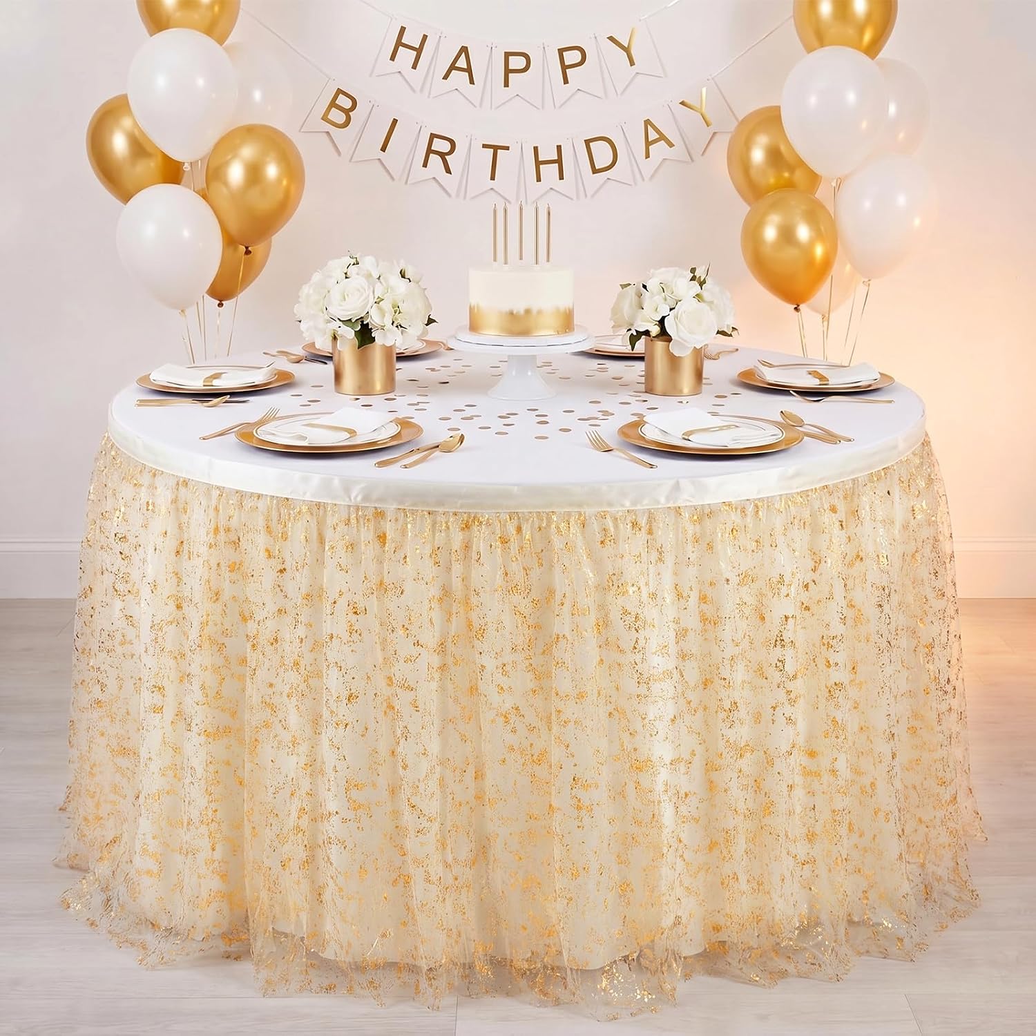 6ft White and Gold Tulle Table Skirt 1920s Party Table Decor