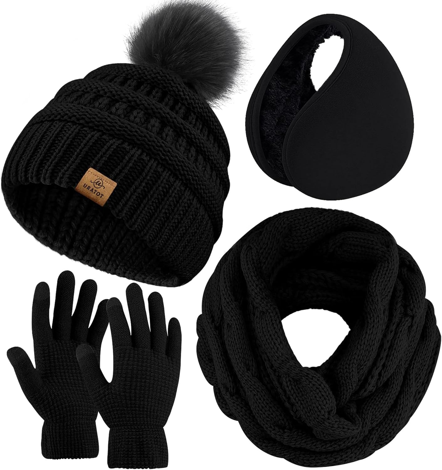 URATOT 4-In-1 Winter Warm Sets Knitted Scarf Touch Screen Gloves Beanie Pompom Hat and Winter Ear Warmer for Men or Women