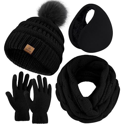 URATOT 4-In-1 Winter Warm Sets Knitted Scarf Touch Screen Gloves Beanie Pompom Hat and Winter Ear Warmer for Men or Women