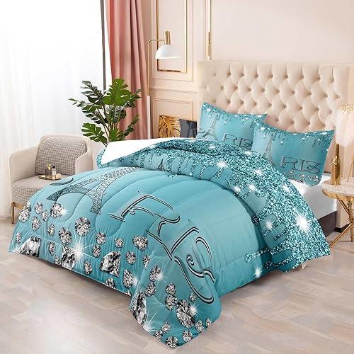 Miniatura 10 de LUVIVIHOME Juego de edredón de París de 2 piezas, tamaño individual, edredón de mariposa morada, juegos de ropa de cama de la Torre Eiffel,