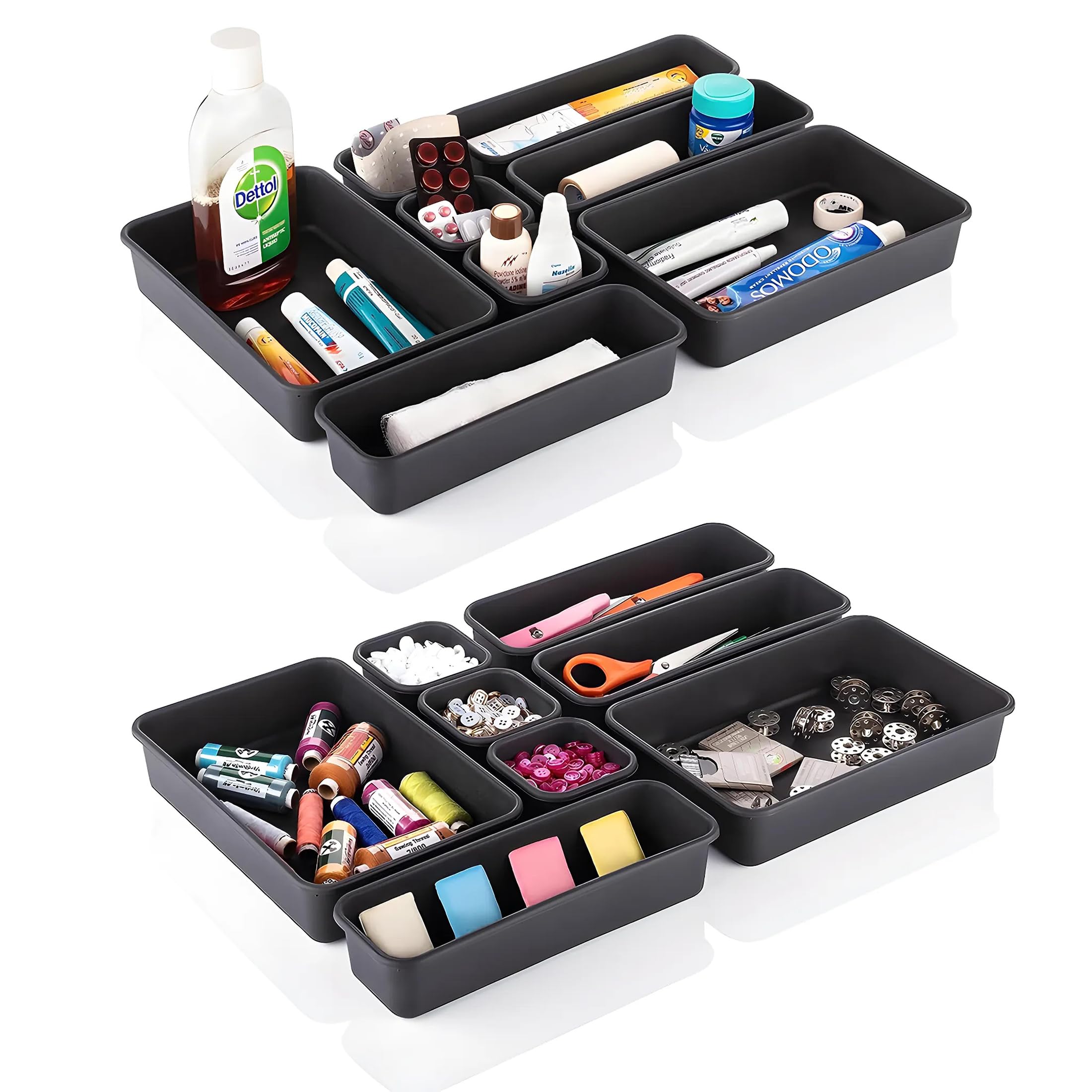 Kuber Industries Acrylic Storage Organizer Set | Kitchen Organizer | Makeup Organizer Tray Set | Desk Drawer Divider Tray | Multi-Purpose Stationery Organizer with Interlock | 16 Piece Set | Black 3