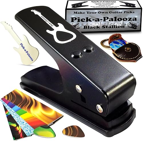 Pack de regalo Pick-a-Palooza DIY para punzón de púa de guitarra - Fabricante de púas premium con llavero de cuero, 4 tiras y una lima - Negro