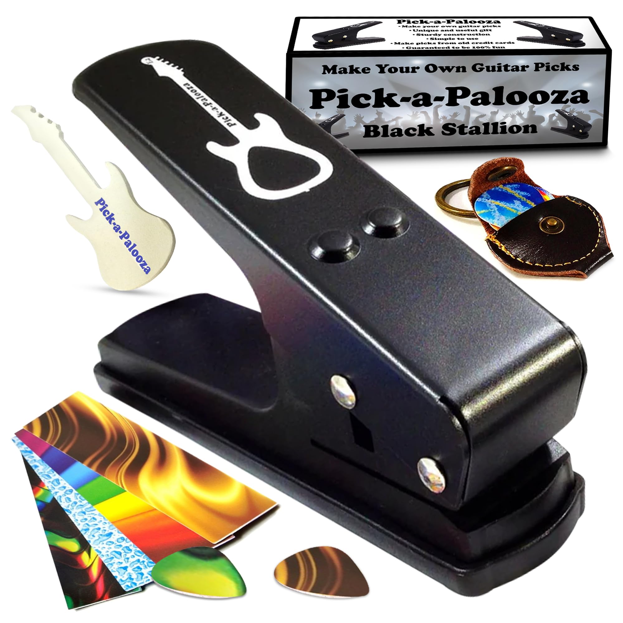 Pick-a-Palooza DIY Guitar Pick Punch Gift Pack - Premium Pick-Maker with Leather Key Chain Holder, 4 Strips and a File - Black