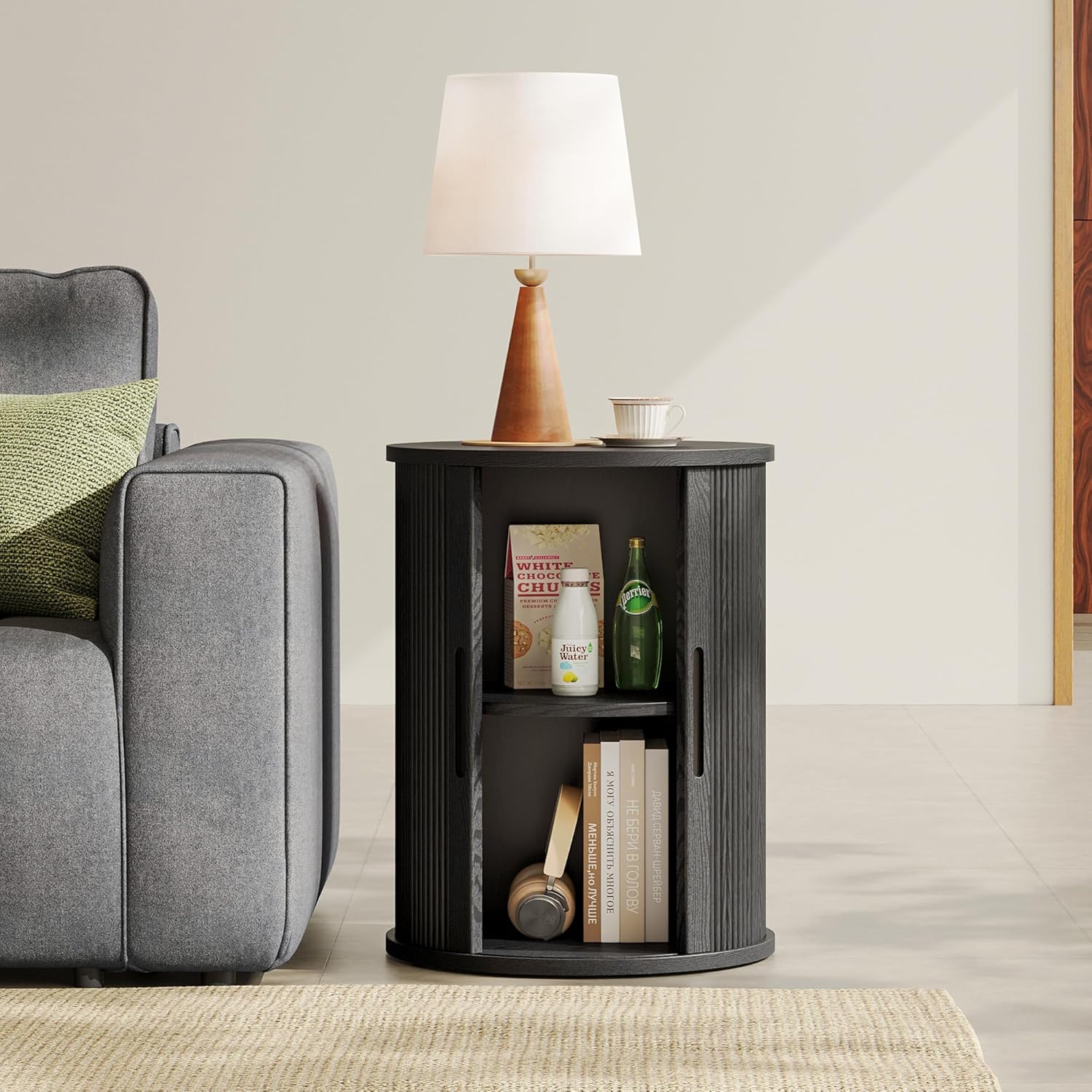 LINSY HOME Round End Table, Fluted Side Table with Sliding Tambour Door and Storage Shelf, Mid Century Modern Circular Nightstand for Bedroom, Wood Boho Tall Bedside Cabinet for Small Space, Black