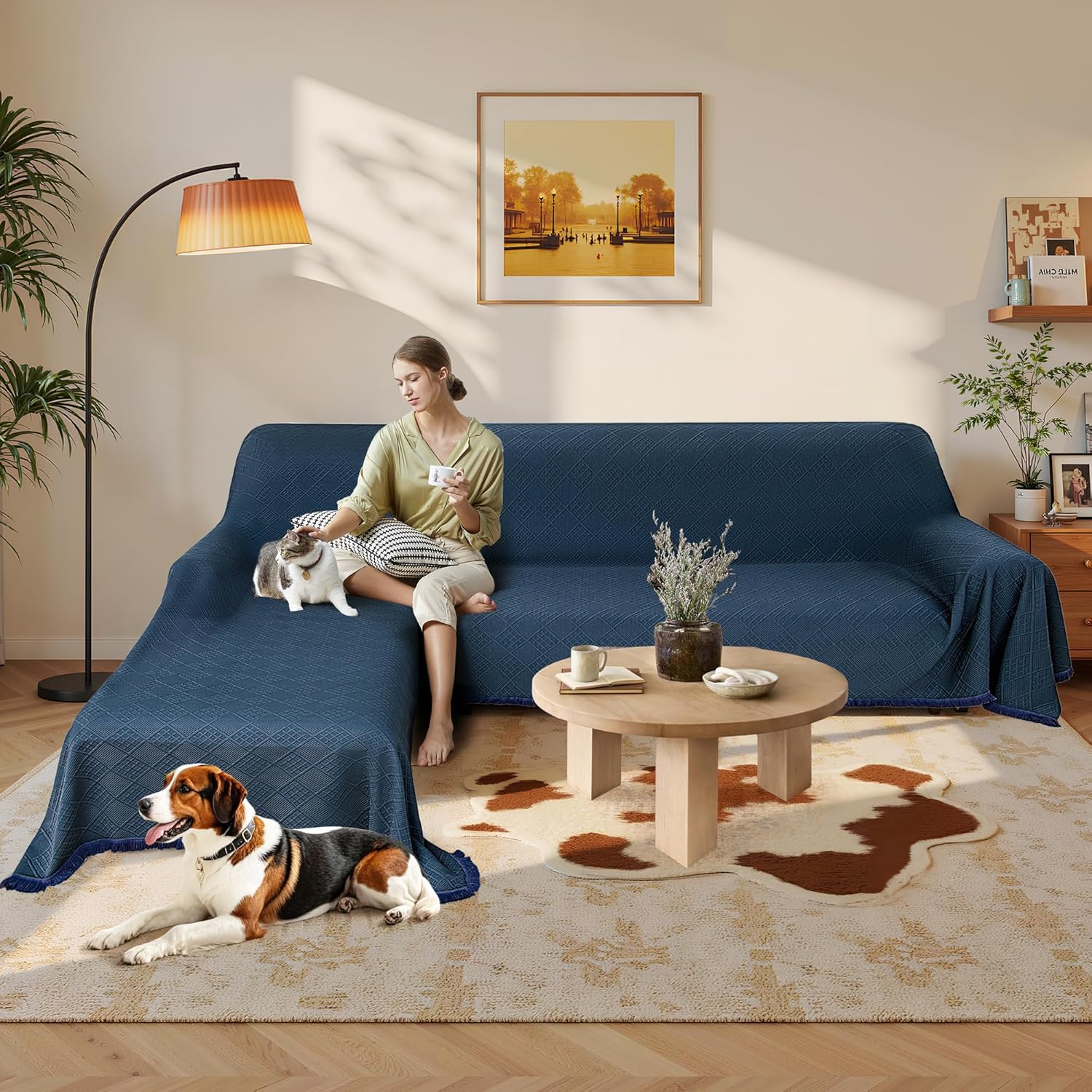 waterproof l shaped sectional couch covers blanket 2 piece sectional sofa cover washable l shape sofa slipcover jacquard quilted furniture protector for dogs pets cats (x-large, dark blue) x-large dark blue