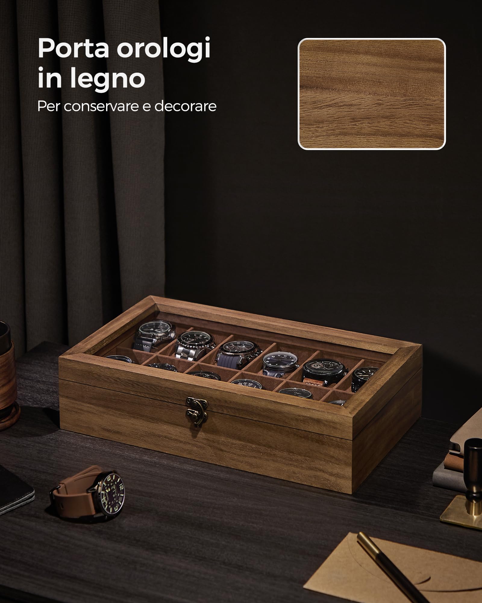 SONGMICS Scatola per Orologi, Scatola Porta Orologi a 12 Scomparti, Portaorologi in Legno con Coperchio in Vetro e Cuscinetti Rimovibili, Idea Regalo, Noce Rustico JOW120K01