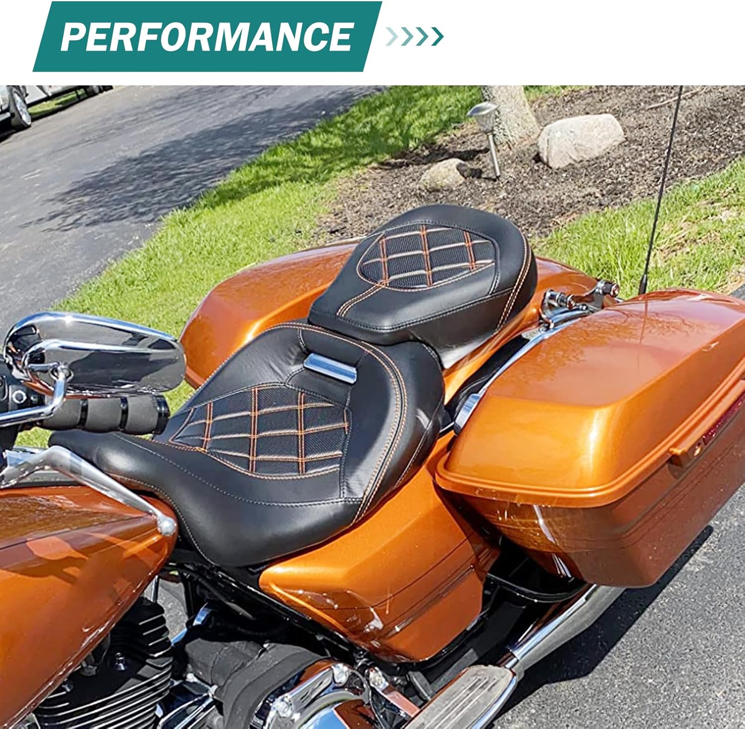 Motorcycle Seat Passenger Rider Two-up Pillion Fit for Harley Touring Street Glide Road Glide Road King Electra Glide 2009-up (Orange Stitching)