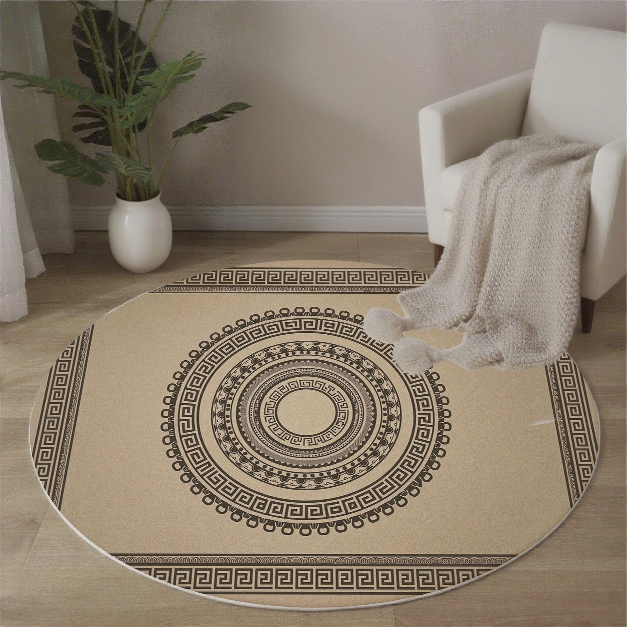 Tapis de chambre lavable fini les glissades et la poussière avec ce grand tapis rond marron