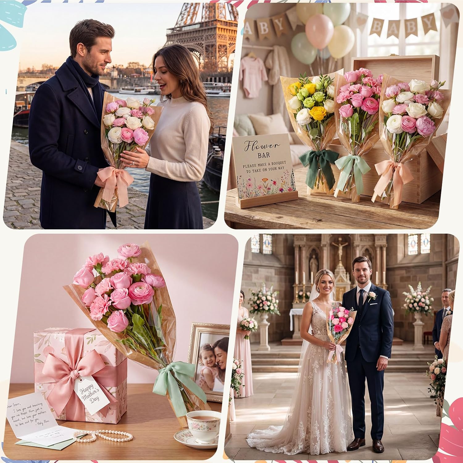 Gilprop 63 Pcs Flower Bar Bouquet Kit Include 1 Flower Bar Sign 50 Bouquet Wrapping Bags 3 Pink Scissors 9 Rolls Chiffon Silk Ribbons for Wedding Bridal Baby Shower(Multicolor,Kraft Paper, Plastic)