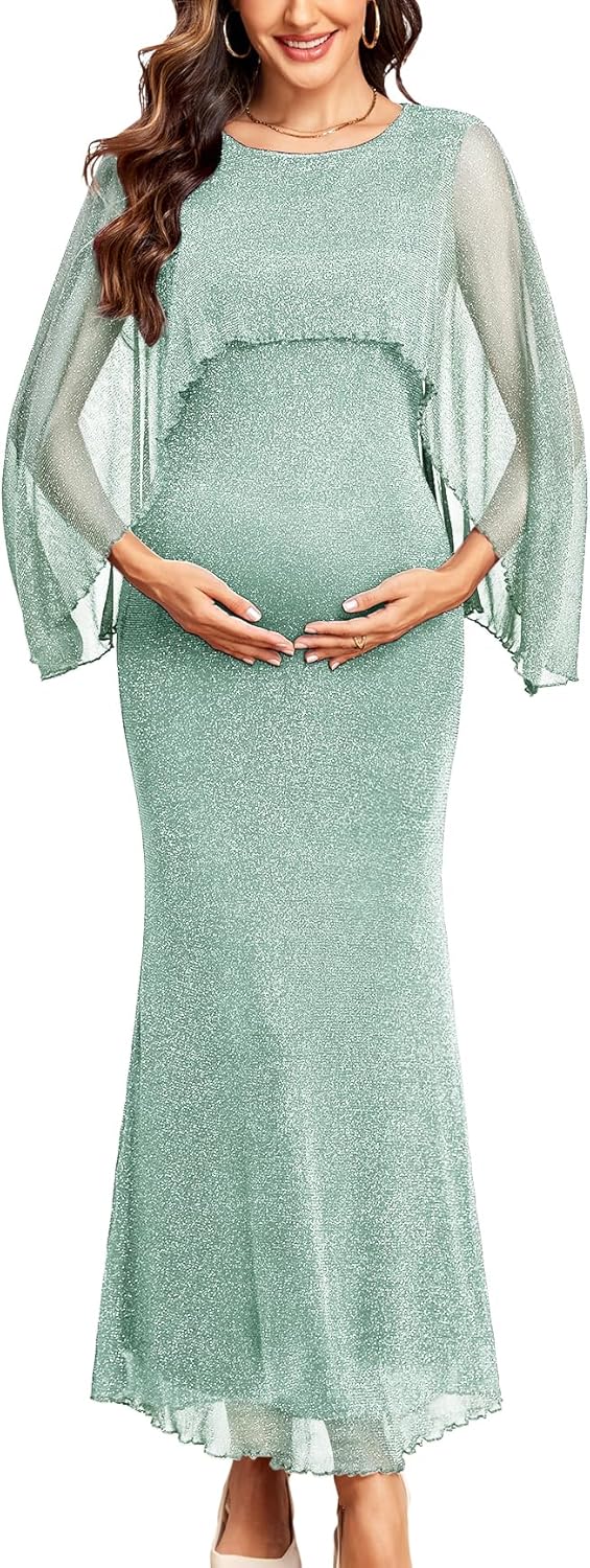 AISWI Maternity Sparkly Cape Mesh Dress Maxi Mermaid Bodycon Pregnancy Dresses Wedding Guest Baby Shower Formal Dress