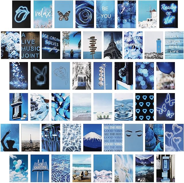 M MUNCASO 50Pcs Wall Collage Kit Room Wall Decor Aesthetic Poster Room Decor Dorm Photo Collection Bedroom Wall Art Print for Girls Boy Teens Blue