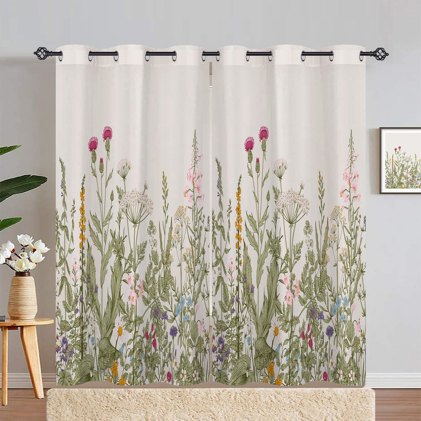 ANHOPE Floral Curtains Eyelet 80% Blackout Room Darkening Curtains with Wildflower Rustic Flower Herb Print Pattern Thermal Insulated Window Drapes for Bedroom Living Room 55 x 84 Inch Drop 2 Panels โ image 1