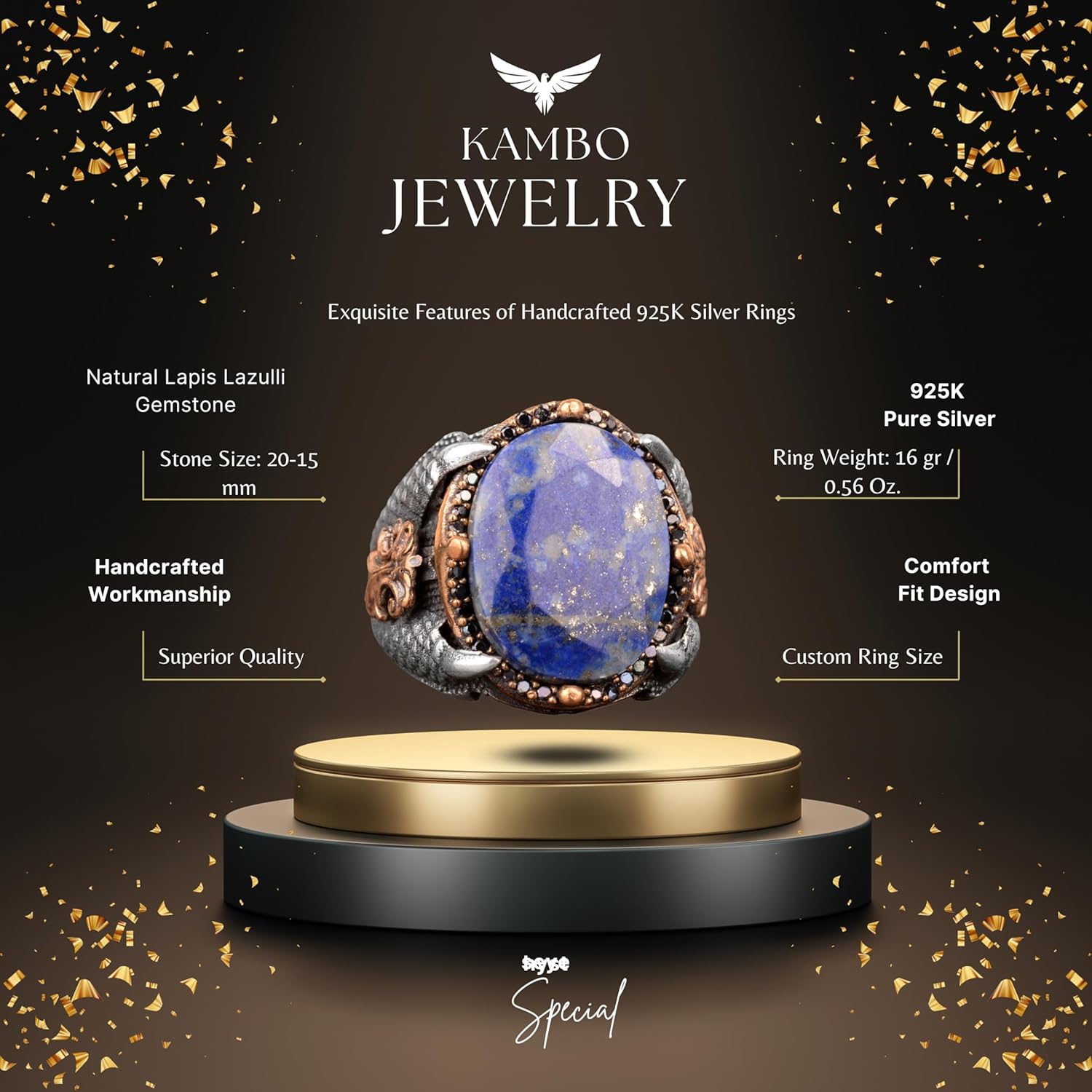 KAMBO 本物の本物の天然ソーダライトジェムストーンリング、男性用イーグルクロウリング、925Kスターリングシルバーメンズリング,