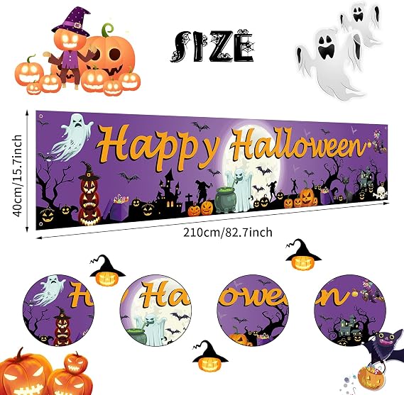 Happy Halloween Banner - Long Fabric Pumpkin Ghost Moon Trick or Treat Yard Sign Backdrop for Outdoor Fence Garden Patio Party Decoration Photo Props Supplies (Purple)
