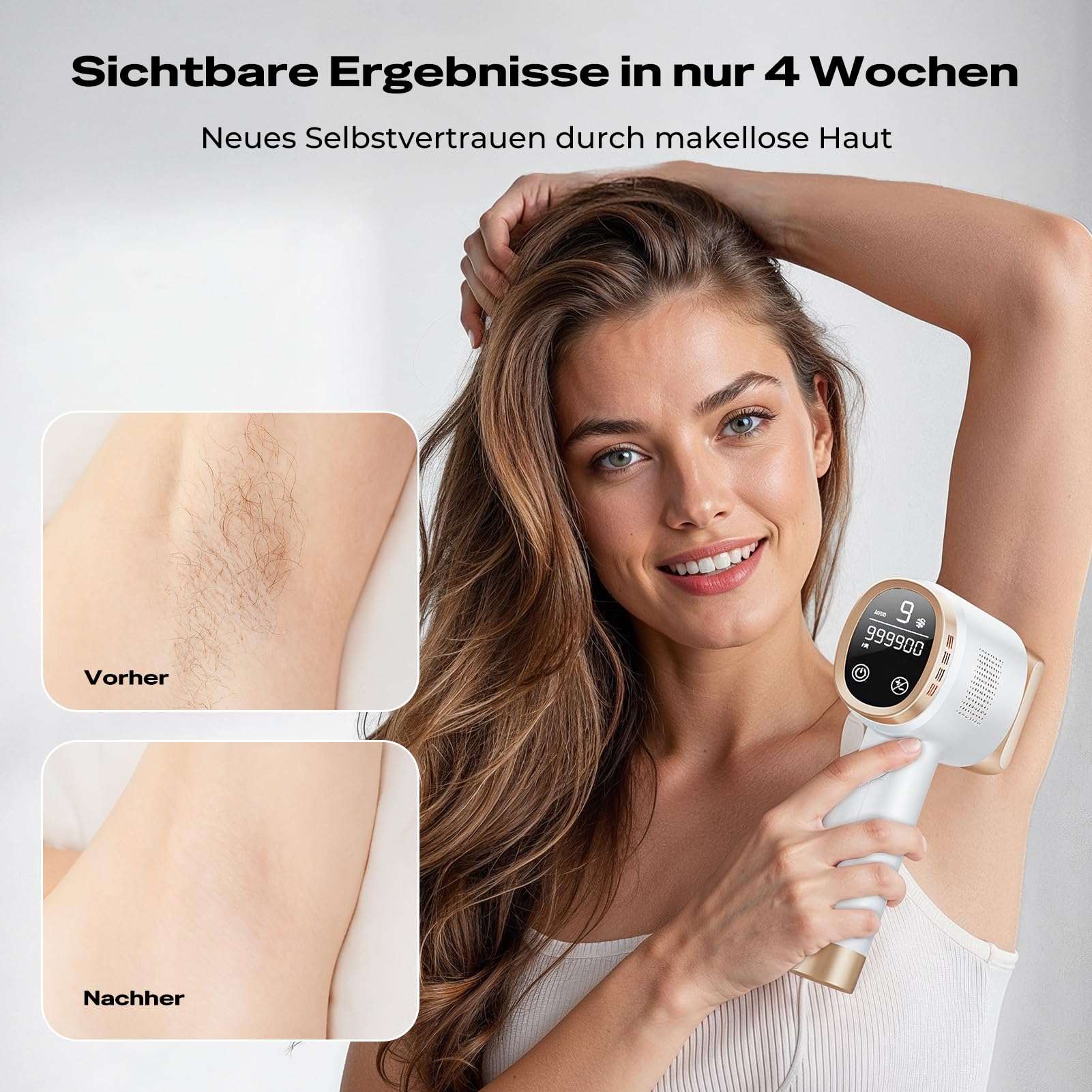 IPL Haarentfernungsgerät mit 8℃ Eiskühlsystem, 9 Stufen & 600 NM Rotlicht, LCD-Touchscreen, für Frauen Männer Gesicht Arm Bikinizone Körper, Gold