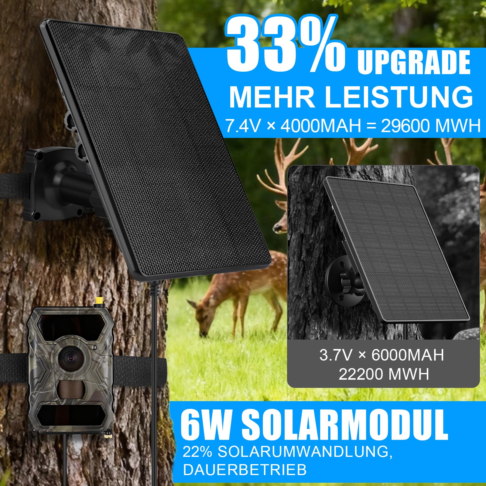 Solarpanel für Wildkamera 12V/9V/6V 7,4V 4000mAh Akku IP65 Jagdzubehör