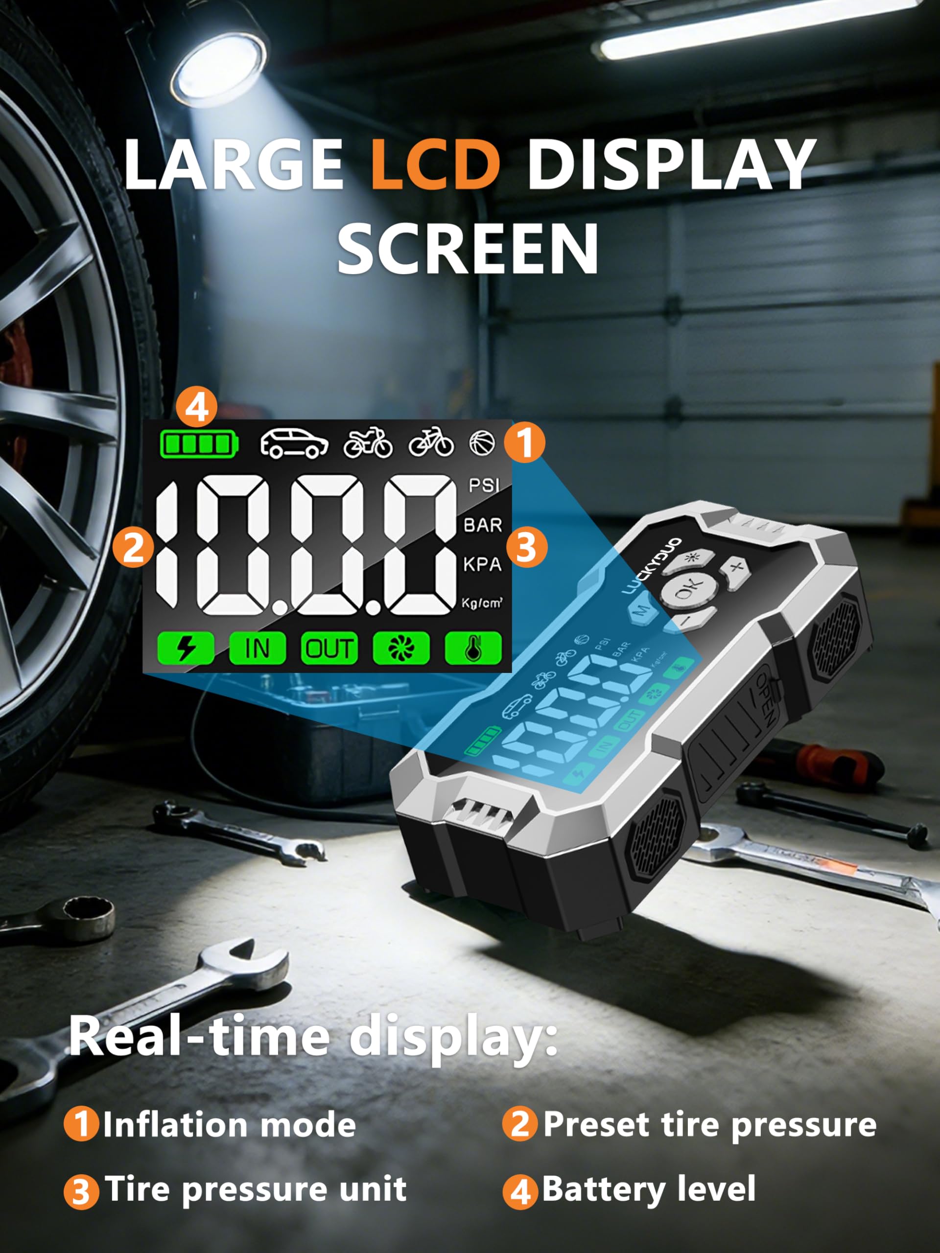 LUCKYDUO Arrancador 8000A con Compresor 160PSI, 20000mAh | Arrancador 2-en-1 con compresor 160PSI, 8000A, 4 modos, pantalla LED, 20000mAh, linterna LED 4 modos, kit completo