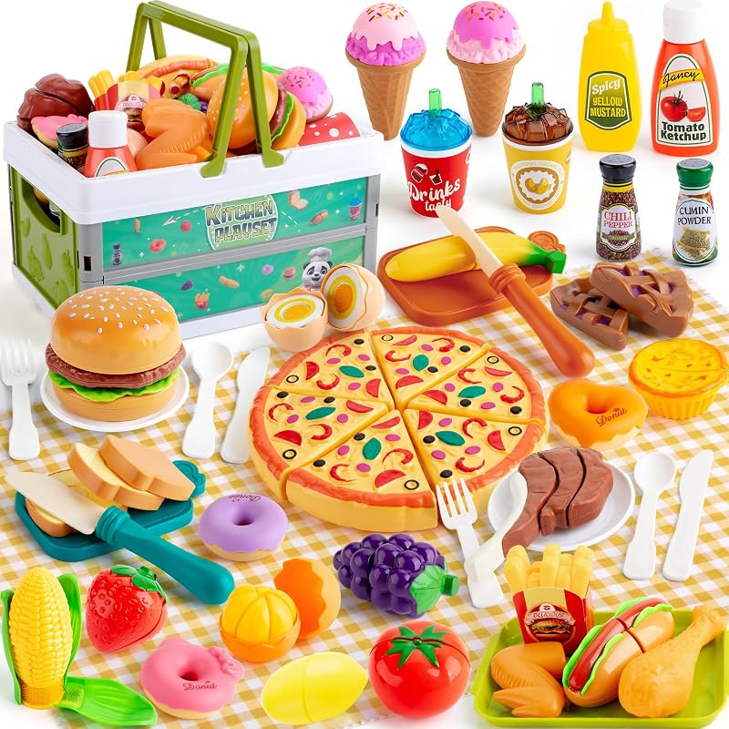 KODATEK Pretend Play Food Sets for Kids Kitchen, Toddlers Cutting Toy Food | Play Kitchen Accessories with Storage Basket, Fake Food with Veggies, Fruits, Pizza, Boys Girls Gift