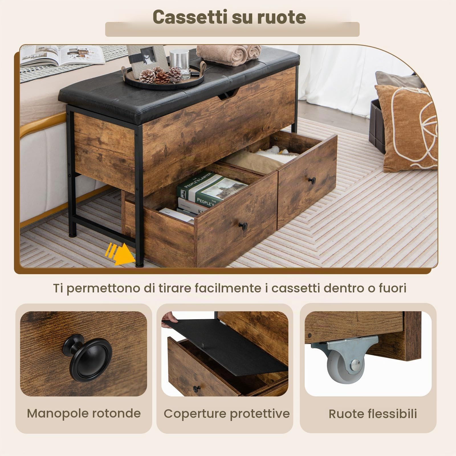 HOMASIS Panca con vano portaoggetti, scarpiera con seduta imbottita, cassapanca con 2 cassetti, apribile con poggiapiedi regolabili, stile vintage, portata 150 kg, 101 x 41 x 58 cm