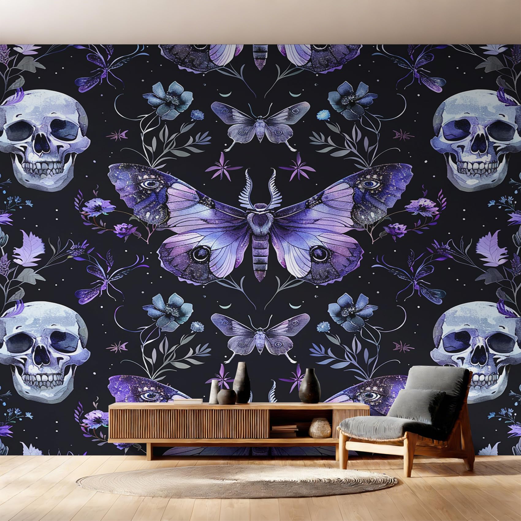 Papier peint intissé crâne floral ensorcelé fresque gothique de luxe