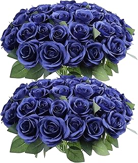 52pcs Navy Blue Roses Artificial Flowers Fake Flowers Silk Roses with St...