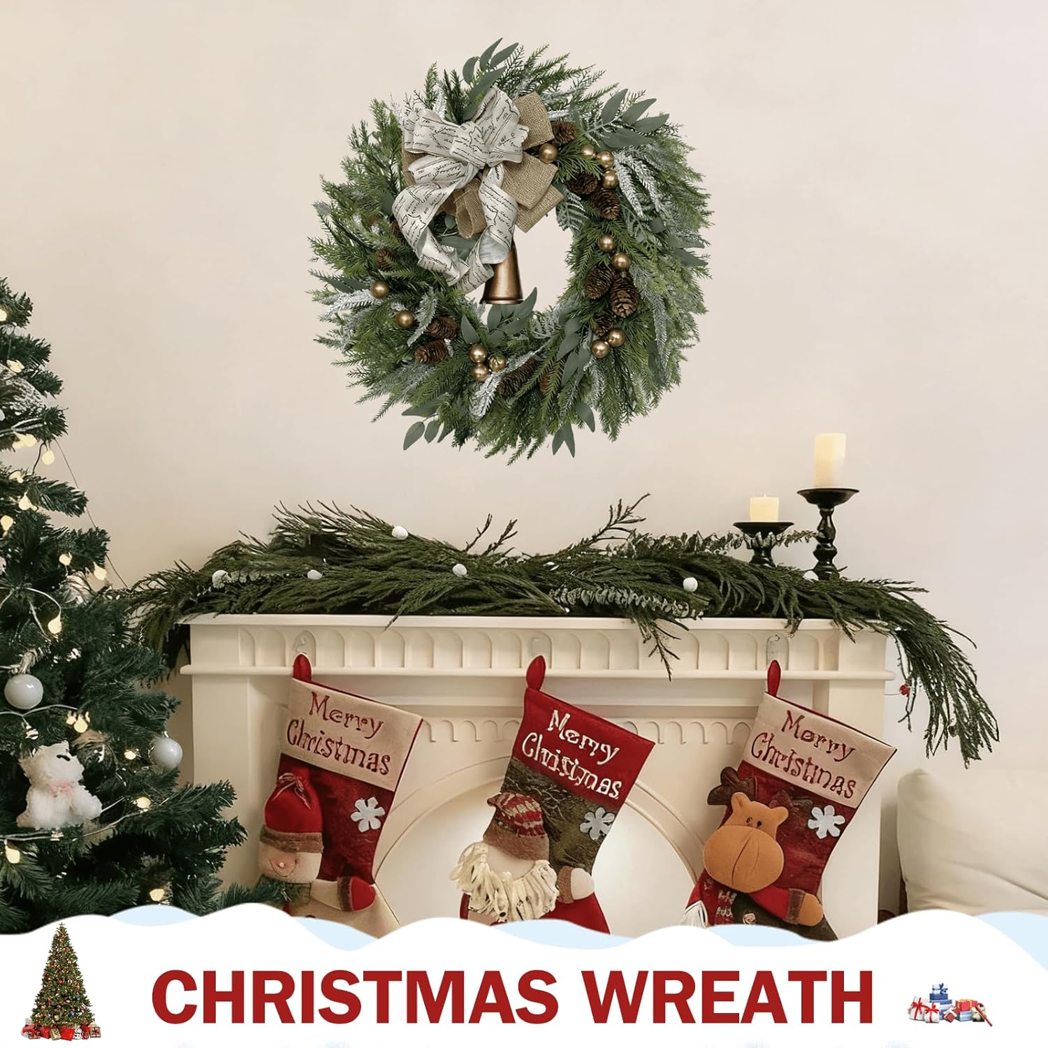 24 Inch Green Christmas Wreath, Artificial Christmas Wreaths for Front Door, Porch, Entryway, Outdoor, Holiday Decorations, with Large Bell, Bow, Golden Ball, Pine Cones, Water Grass