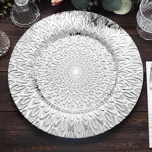 Miniatura 2 de Efavormart - Paquete de 6 platos de plástico con diseño de pavo real en relieve plateado de 13 pulgadas, platos de carga redondos desechables