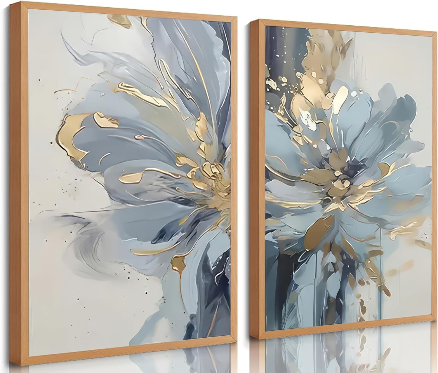 2Pcs Neutral Abstract Floral Canvas Wall Art Luxurious Light Blue Grey And Gold …