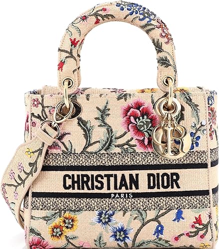 Pre-Loved Lady D-Lite Bag Embroidered Raffia Medium, Neutral