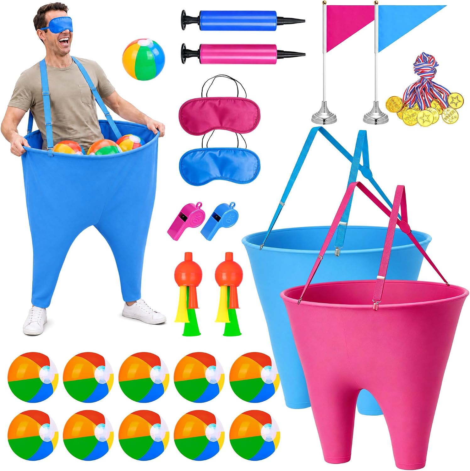 Granny Pants Yard Game Set for Adults and Kids, Team Outdoor Party Game with Bouncy Balls, Blindfolds, Medals, Whistles and Suspenders, Funny Field Day Family Reunion Backyard Games