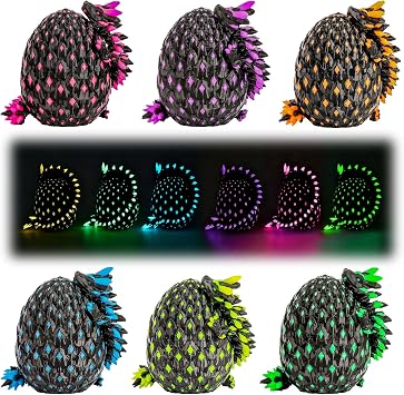 6 PCS 3D Printed Dragon Glow in The Dark with Matching Egg - UV Reactive 3D Printed Dragon Egg Set, 3D Dragon Eggs with Dragon Inside, 3D Printed Dragon Fidget Toys