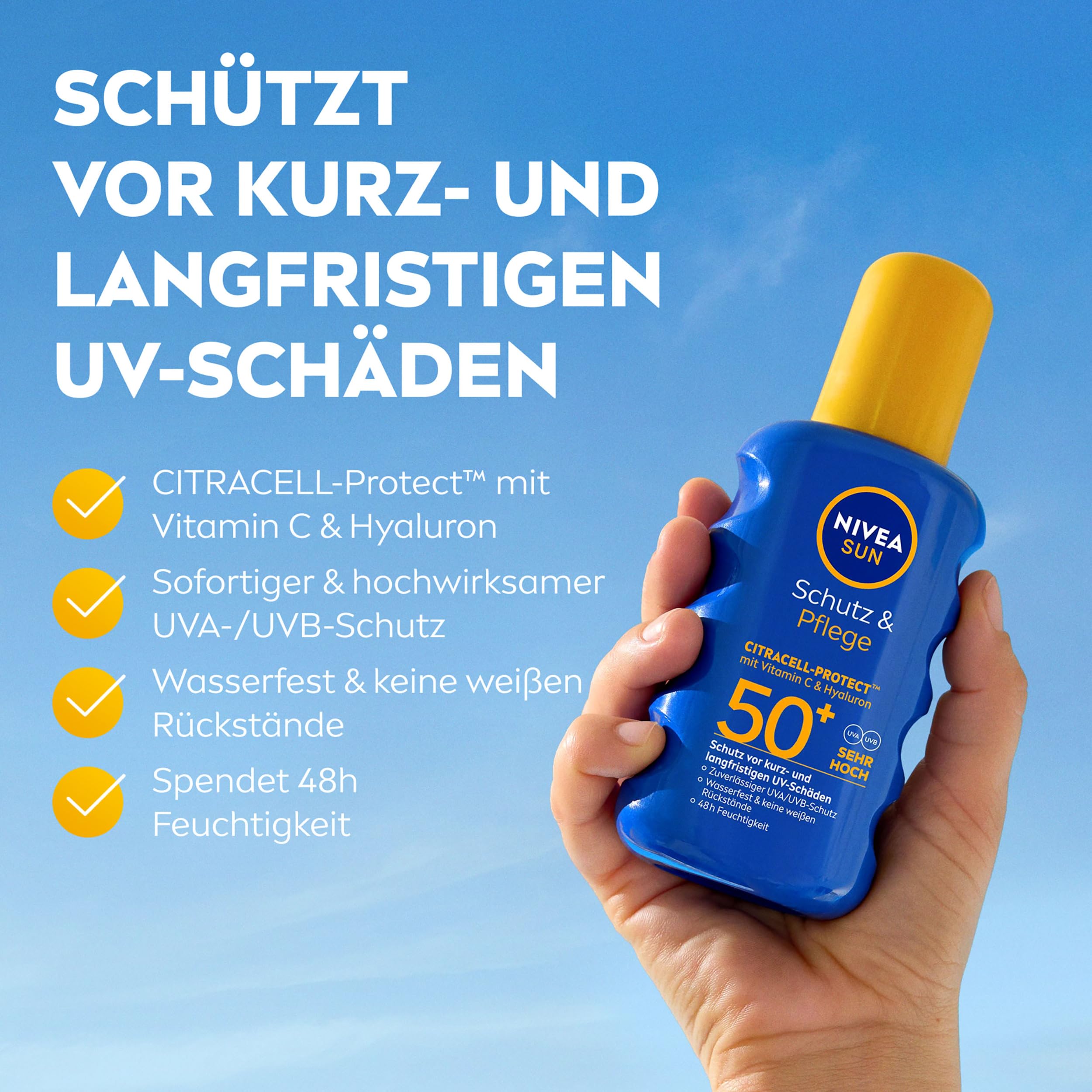 NIVEA SUN Spray solaire de protection et de soin SPF 50+, imperméable, à la vitamine C et à l'acide hyaluronique, protection solaire à absorption rapide pour 48 h d'humidité (200 ml) (Lot de 2)