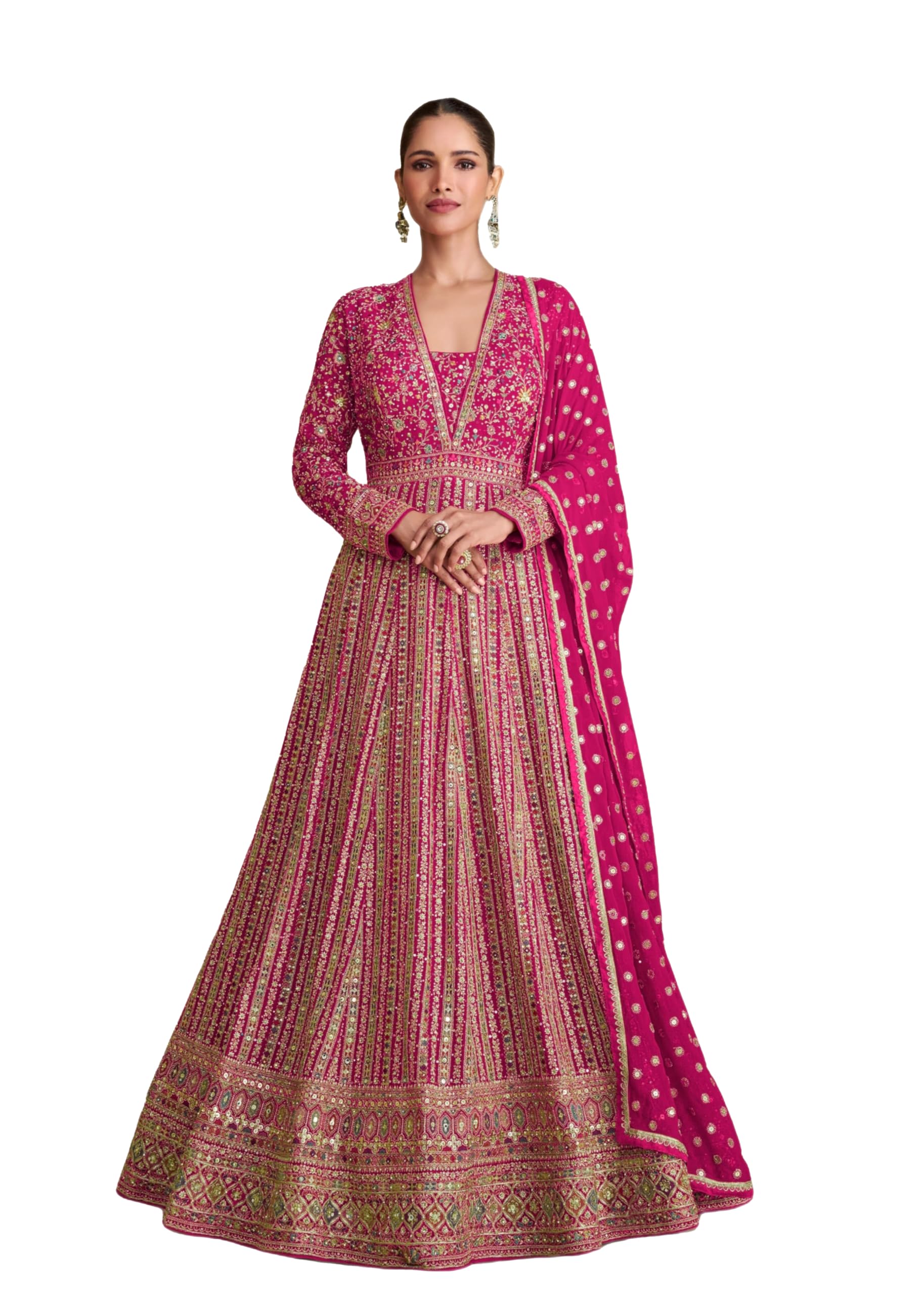 Women's Pink Chinon Stitched Gown with Dupatta Full Sleeve Embroidered Anarkali Gown (ME-1275)