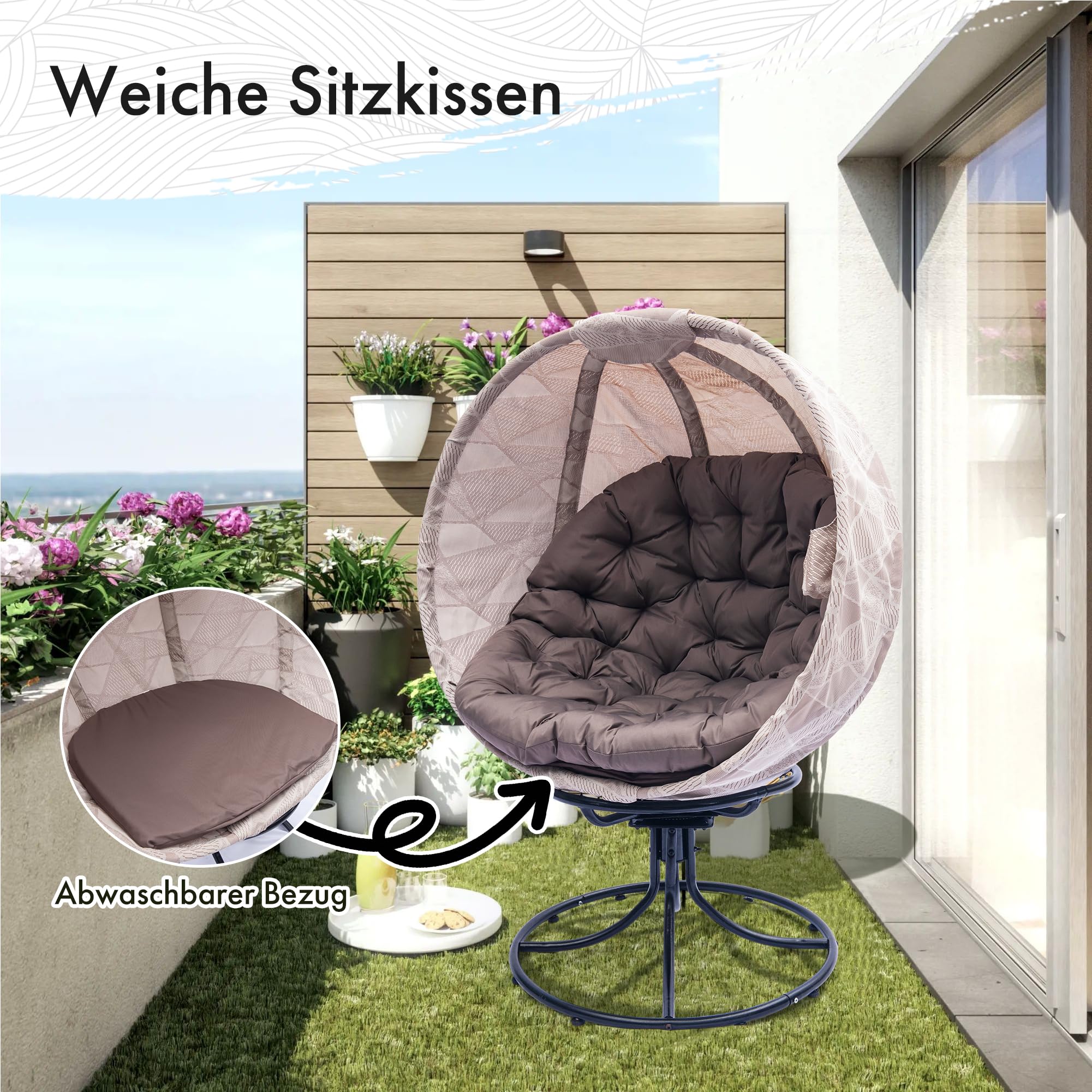 Überdimensionierte Drehstuhl papasansessel, drehsessel klappbarer Korbsitz und Metallrahmen, Indoor Outdoor Lounge Sessel für Balkon, Poolseite, Terrasse und Wohnzimmer (Sandbraun-Weiß)