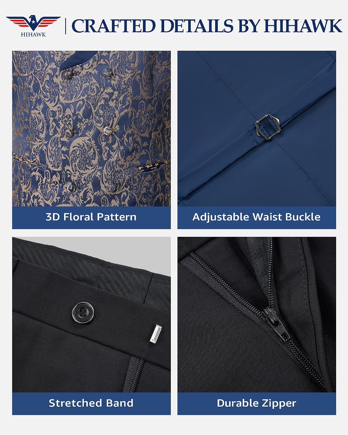 Hihawk Mens 3 Piece Floral Tuxedo, Jacquard Slim Suit Set, Paisley Blazer Vest and Pants with Bow Tie for Prom Wedding