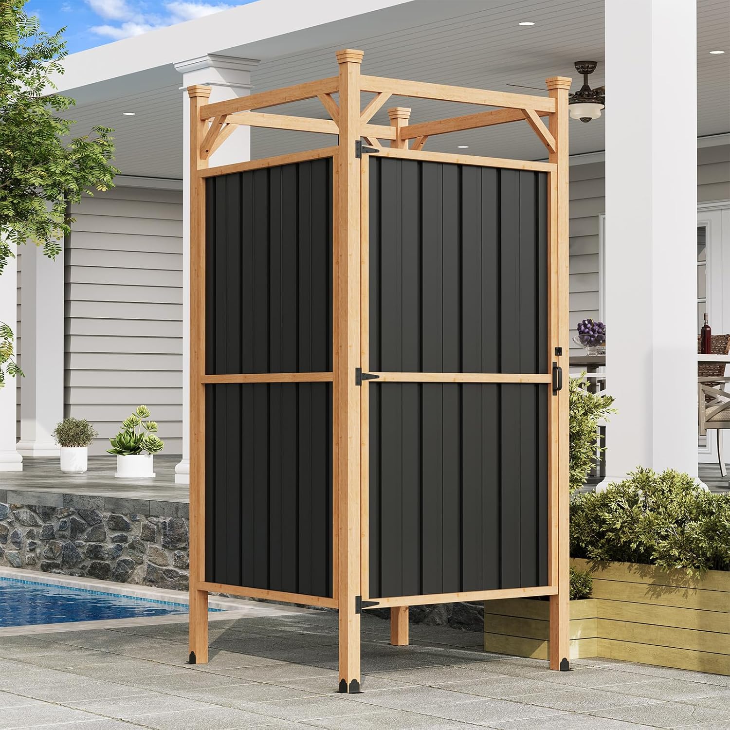 EROMMY Outdoor Shower Enclosure with Lockable Door, Weatherproof Outdoor Shower Stall with Metal Panels, Hooks & Shelves - Perfect for Pool Wash Station, Backyard & Beach Rinse Area Small Version