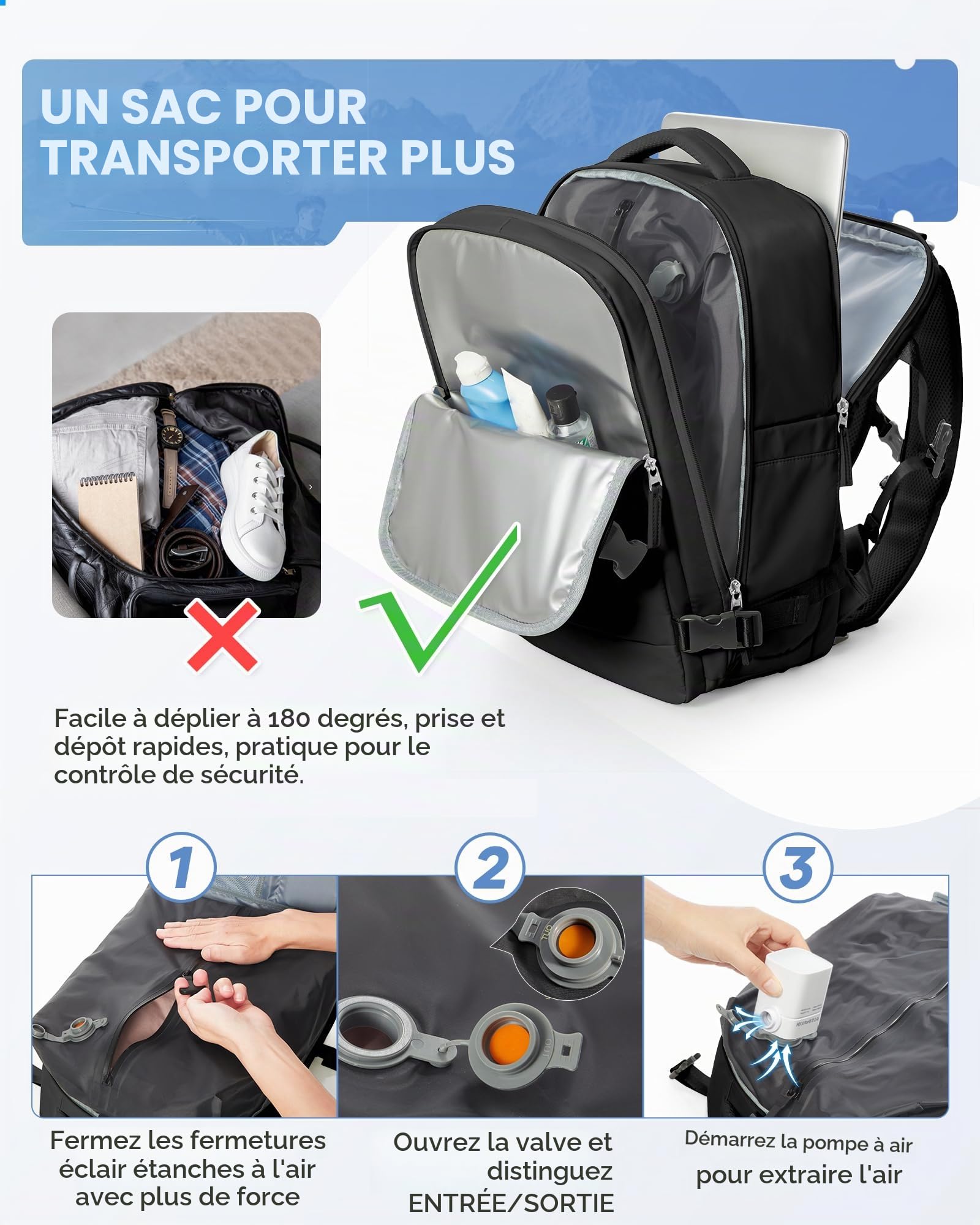 Sac à Dos Sous Vide Pour Femme,Sac à Dos Voyage cabine avion sous vide,Bagages Cabine Easyjet 45x36x20 pour Homme,Multifonction sac voyage sous vide étanche Avec Pompe,Ordinateur portable