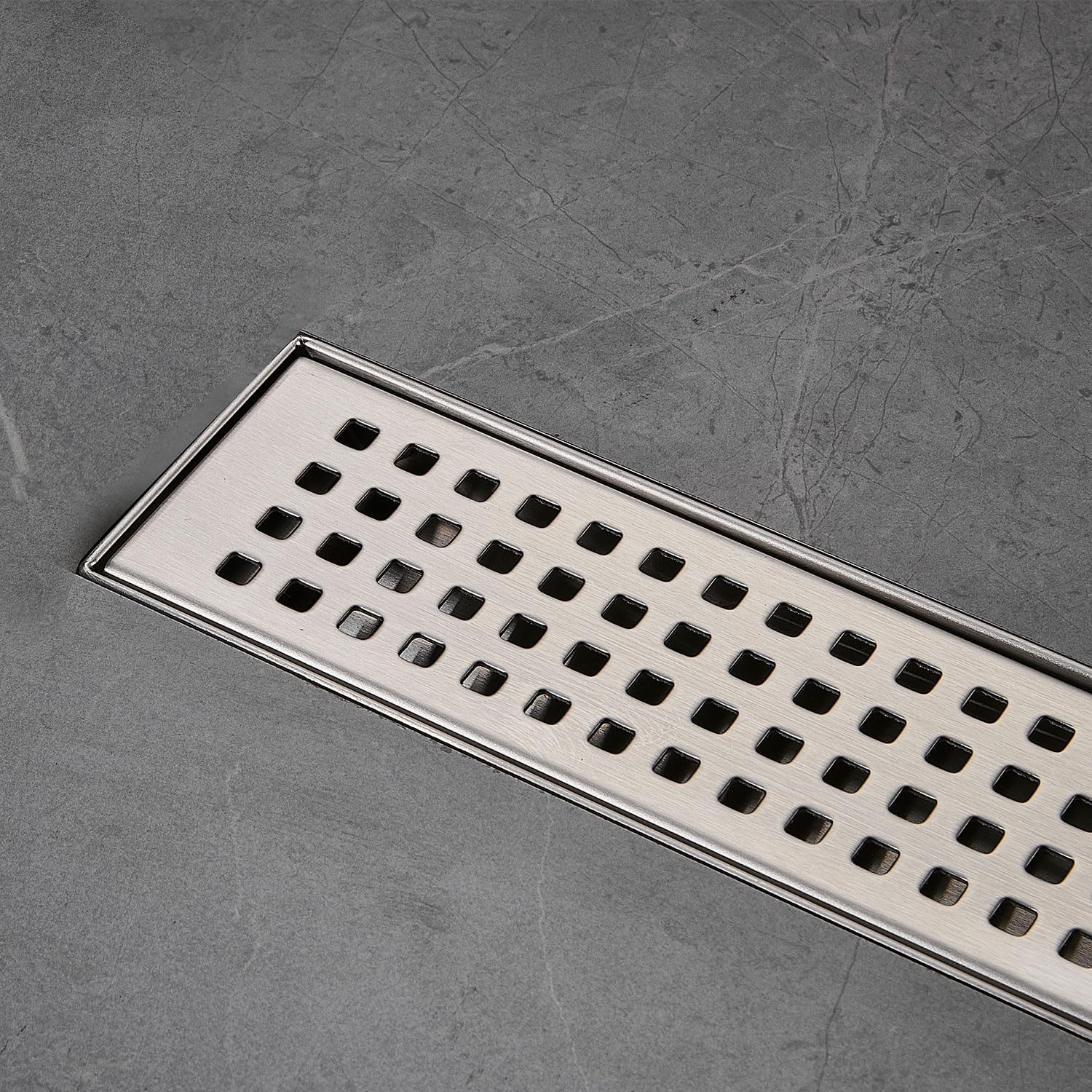 AVSIILE Linear Shower Floor Drain, Brushed Nickel 24 Inch 304 Stainless Steel Bathroom Drains Kit, Long Rectangular Shower Trench Drain with Square Pattern Drain Cover & Hair Catcher