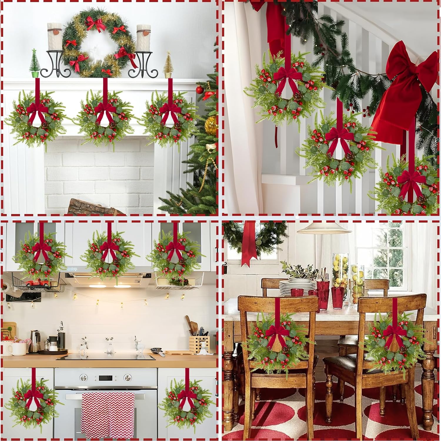 Waipfaru 6 Pcs Small Christmas Wreath, Mini Wreaths for Cabinets, Christmas Wreaths for Windows Kitchen Front Door Candle Rings Fireplaces Table Centerpiece Indoor Outdoor Decorations