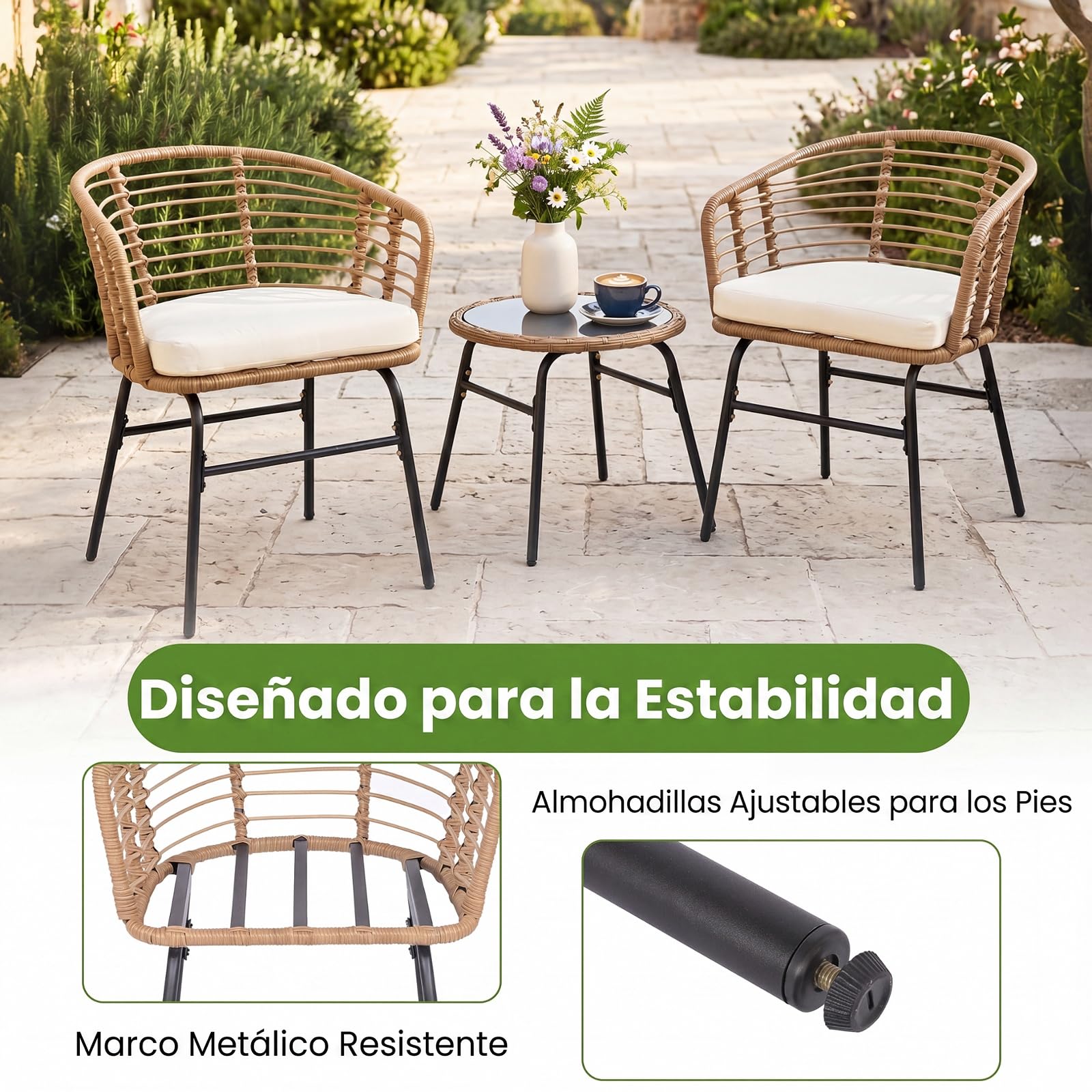 COSTWAY Conjunto Jardín Exterior, Conjunto de Mesa y Sillas Exterior de Ratán PE con Cojines Suaves, Estructura de Metal y Tablero de Vidrio Templado, Muebles de Jardín para Patio, Terraza