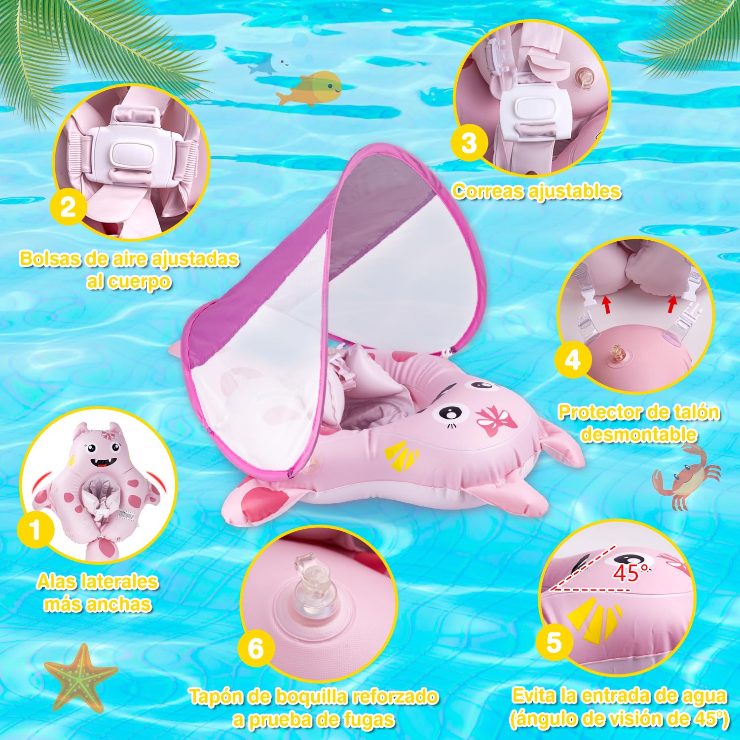 Flotador Bebe con Sombrilla, Protección UV UPF 50+, Anillo de Natación Inflable Bebé con Asiento Seguridad y Bola de Equilibrio Antivuelco, Flotadores de Piscina para Bebes 10-36 Meses