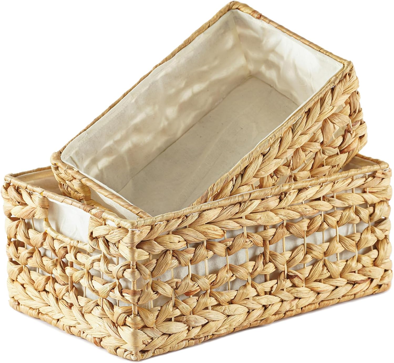 Greenatural Water Hyacinth Storage Baskets Set of 2, Handwoven Rectangular Organizer Trays with Liners, Rattan Wicker Bins with Handles, Storage Organizers for Shelf, Bathroom, Kitchen, Office