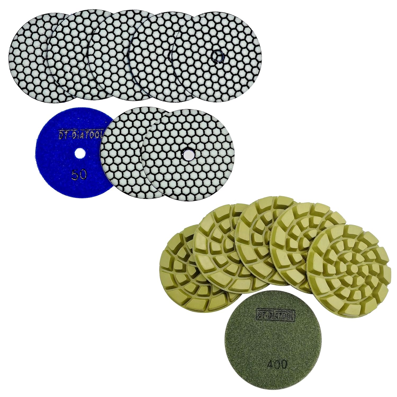 DT-DIATOOL Dry Diamond Polishing Pads 4 Inch 8pcs Grit 50 and Diamond Concrete Polishing Pads 6pcs Grit 400