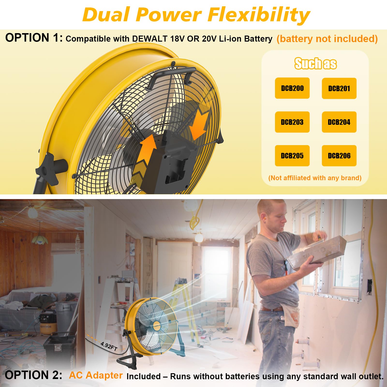 Wentylator podłogowy 40.6 cm na baterie do akumulatora Dewalt 20 V Max, przenośny wentylator z zasilaczem sieciowym i wyjściem USB, metalowy przemysłowy wentylator o dużej prędkości, bezstopniowy