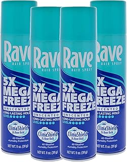 Rave 5X Mega Freeze Unscented Aerosol Hairspray by Rave - Heat Protection, Long Lasting Firm Hold - Minimizes Frizz and Static - 4 pc