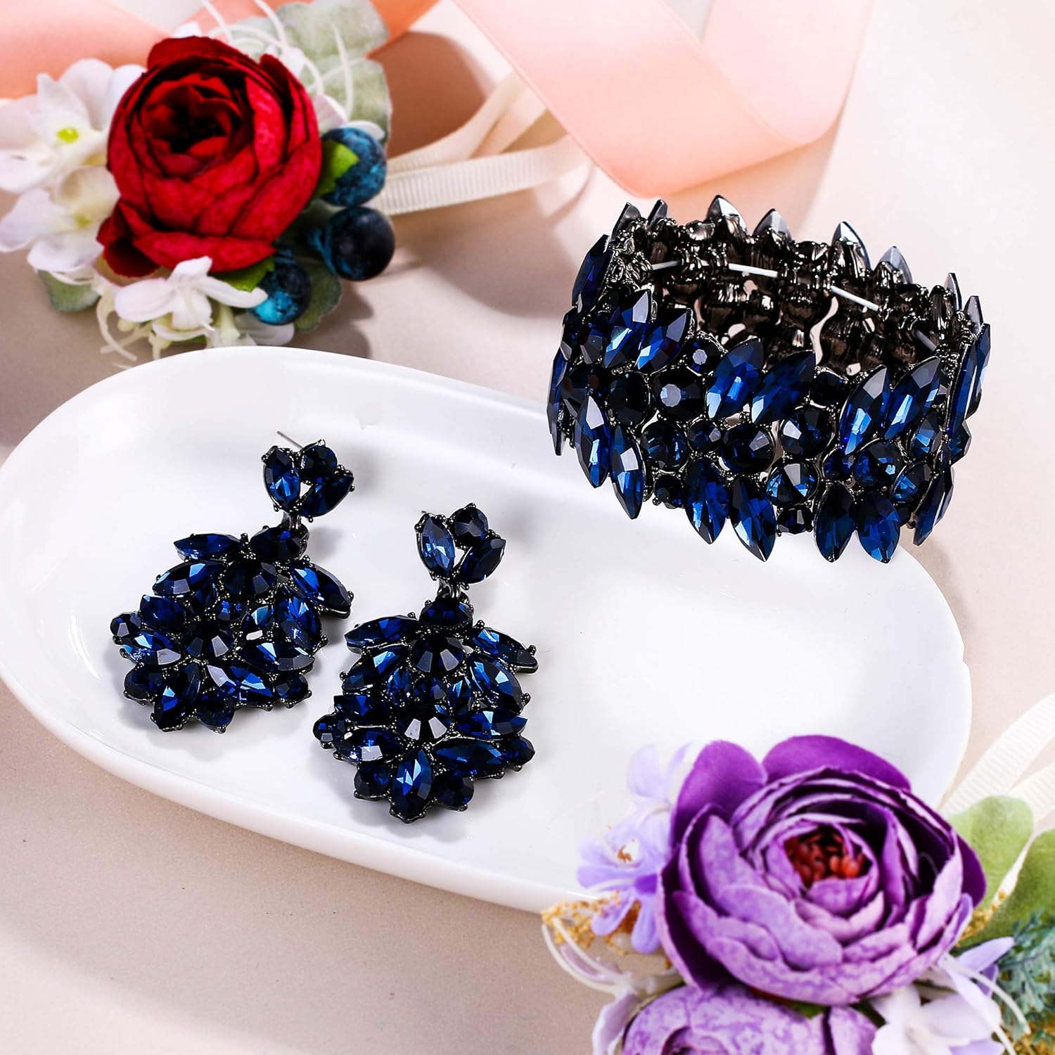 EVER FAITH Austrian Crystal Bride Wedding Jewelry Sets Art Deco Bridal Prom Earrings Stretch Bracelet Set