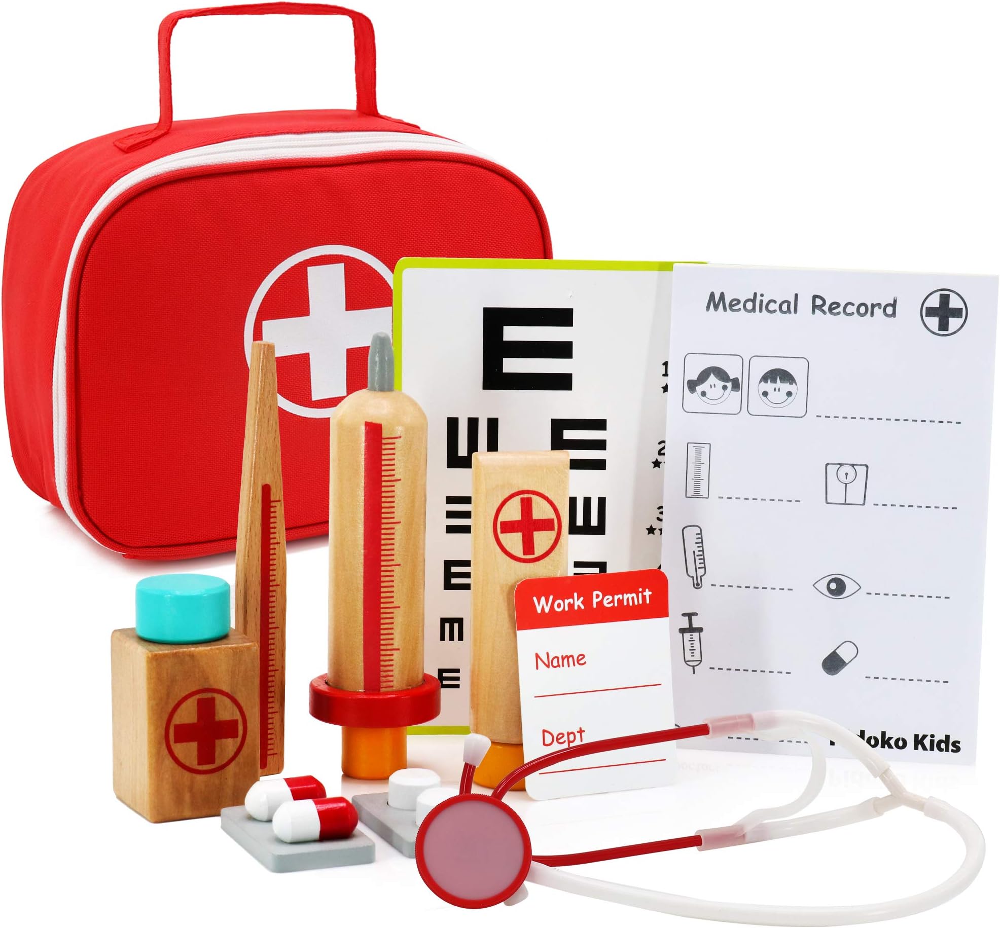 Pidoko Kids Doctor Kit for Kids - Wooden Pretend Play Set (11 Pcs) - Toys for Toddlers Boys and Girls 3, 4, 5, 6, 7 Year Old and up - Doctors Medical Gifts Playset