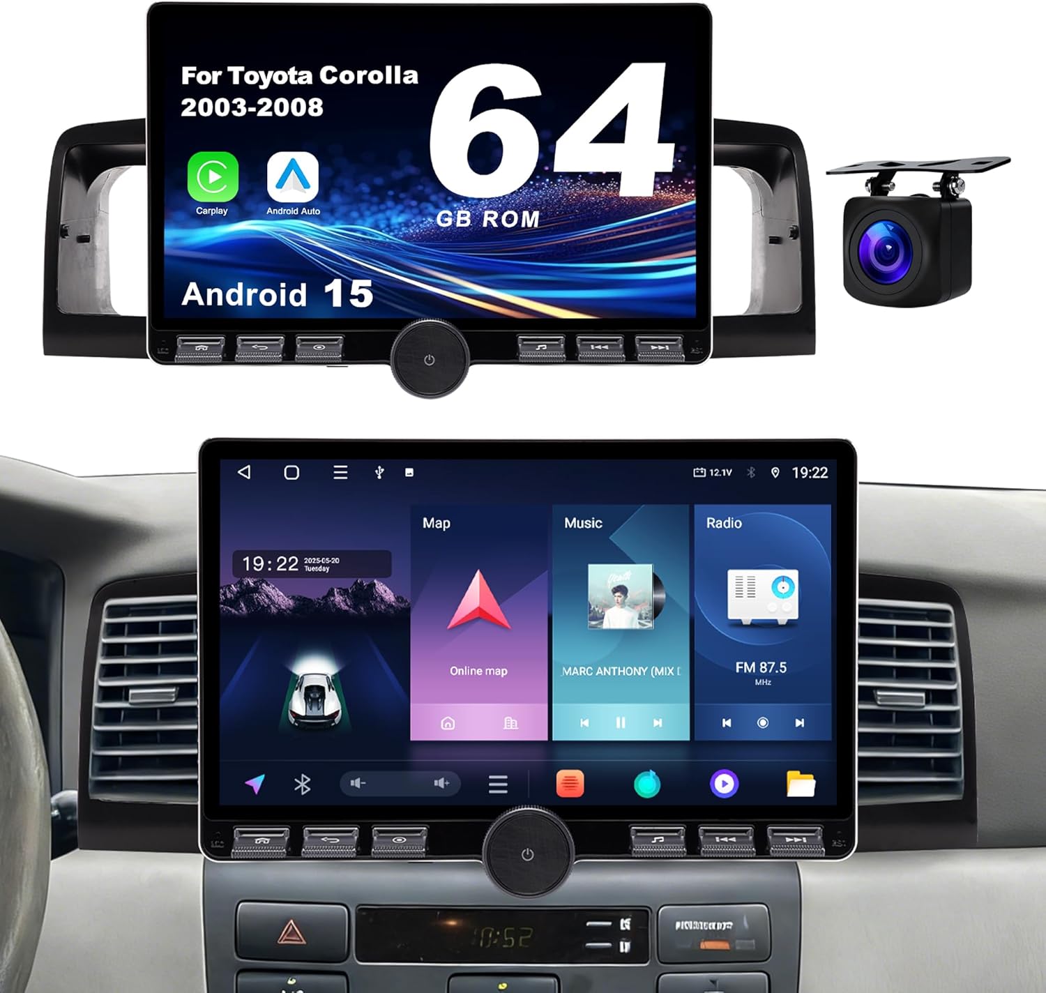 Android 15 Car Radio for Toyota Corolla 2003-2008: 10.1'' 4GB+64GB Car Stereo Upgrade Wireless CarPlay & Android Auto with WiFi 6, Bluetooth, GPS Navigation, FM Radio, EQ, SWC, 1080P Backup Camera