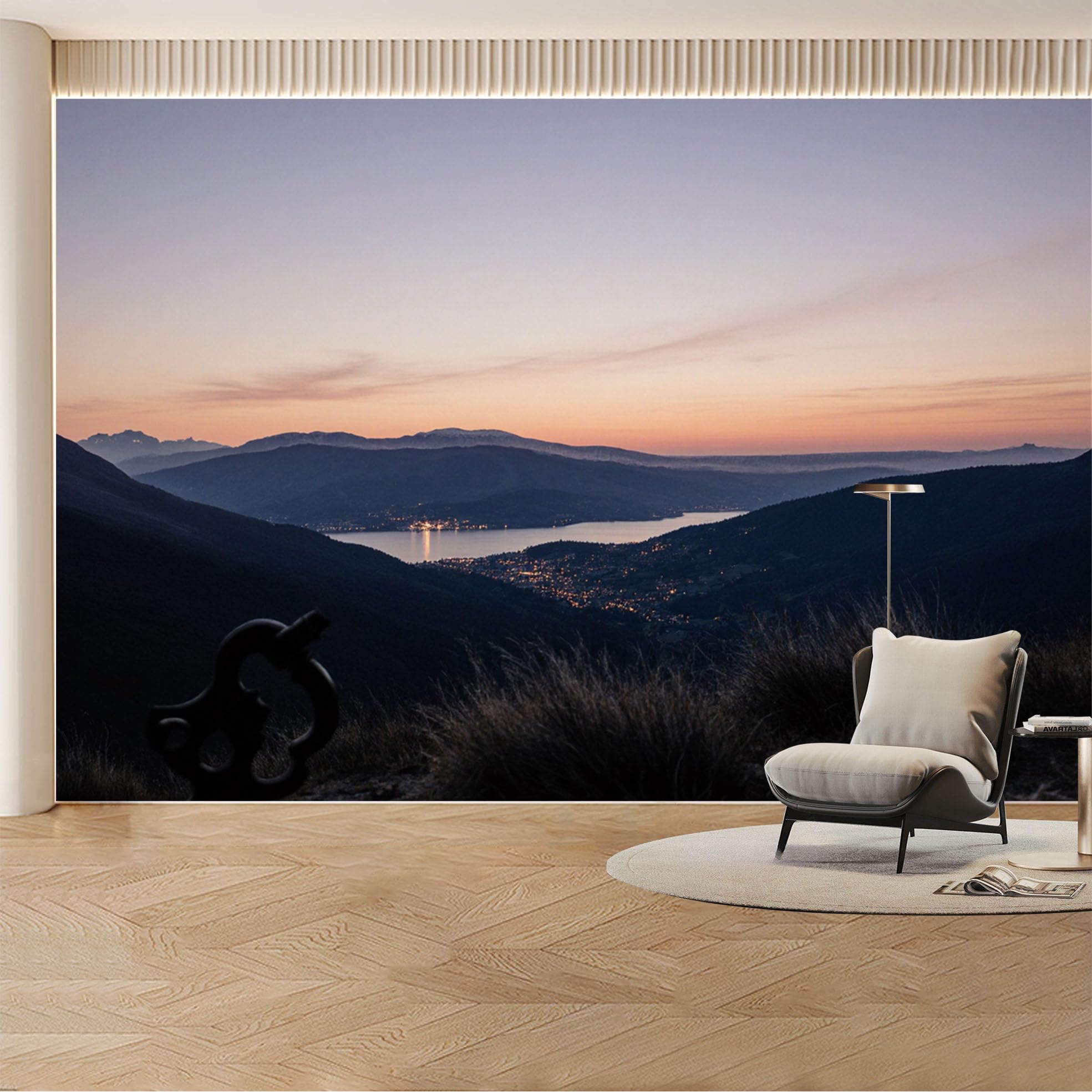 Custom Wall Mural Wallpaper Mountain Lake Landscape 3D Effect Wall Decor Large Wall Art Sunset Misty Removable SelfAdhesive Large Photo for Living Room， Bedroom， Office